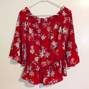 H&M DIVIDED Women's Red Floral Off The Shoulder Blouse Size 6